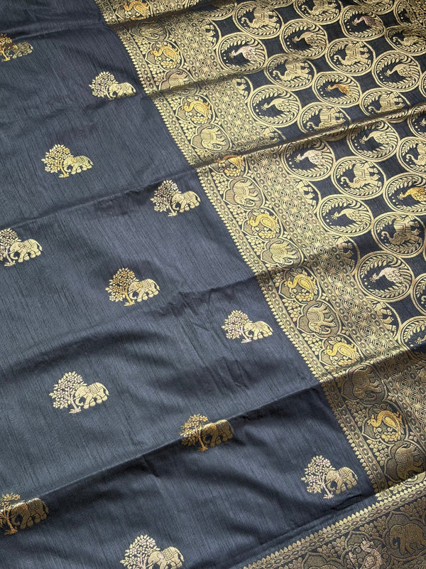 The Charcoal Loom: Midnight Gray Raw Silk Saree with Antique Golden Zari Shikargah Pallu