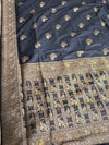 The Charcoal Loom: Midnight Gray Raw Silk Saree with Antique Golden Zari Shikargah Pallu