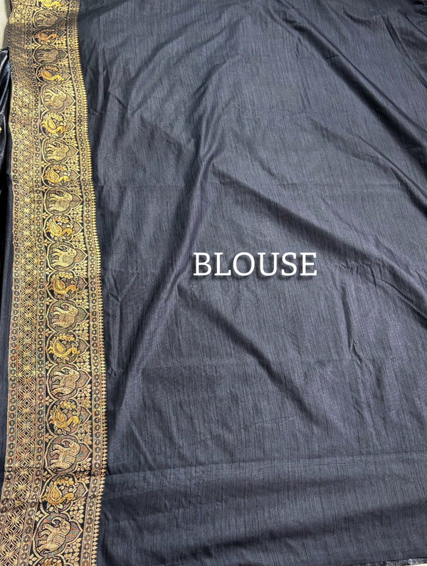 The Charcoal Loom: Midnight Gray Raw Silk Saree with Antique Golden Zari Shikargah Pallu