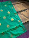 The Monsoon Glow: Mint Emerald Satin Silk Saree with Magenta Contrast & Tree-of-Life Buttis