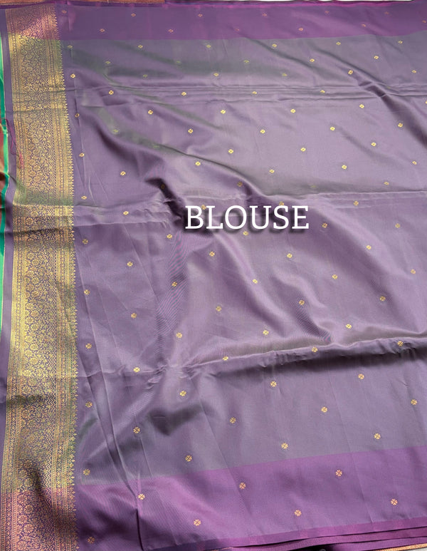 The Monsoon Glow: Mint Emerald Satin Silk Saree with Magenta Contrast & Tree-of-Life Buttis