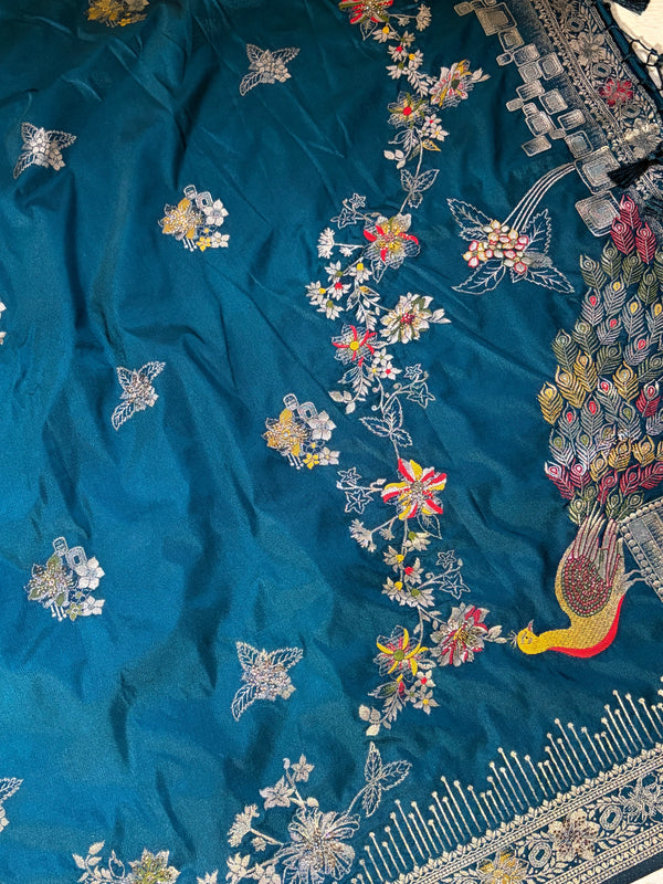 The Mayura Teal: Deep Peacock Blue Woven Saree with Hand-Worked Accents