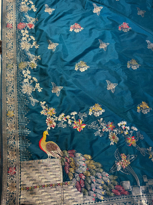 The Mayura Teal: Deep Peacock Blue Woven Saree with Hand-Worked Accents