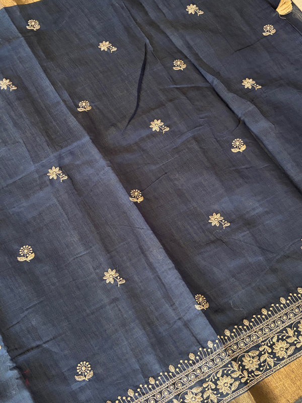 The Neelambari Riva: Slate Blue Embroidered Cotton Saree