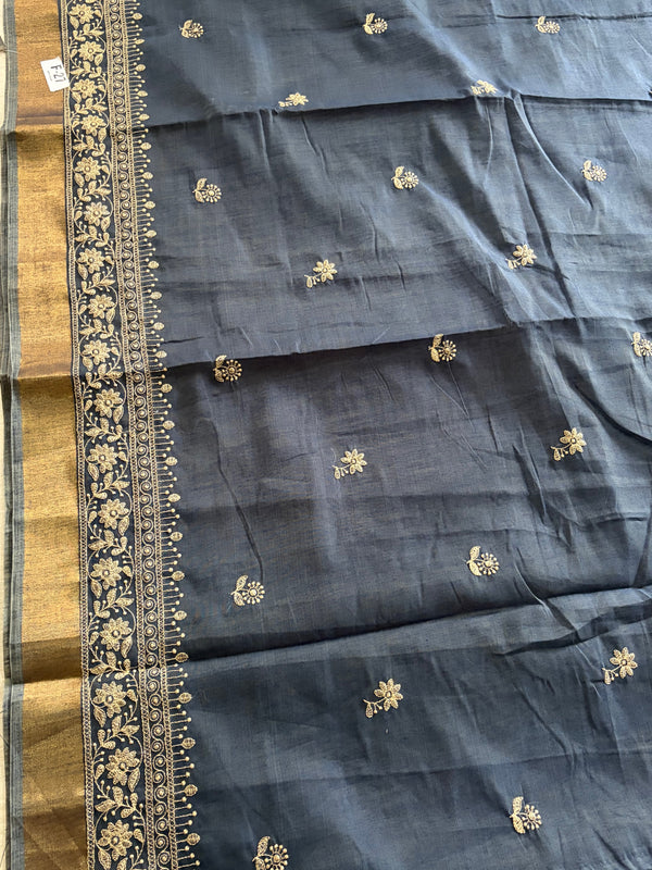 The Neelambari Riva: Slate Blue Embroidered Cotton Saree