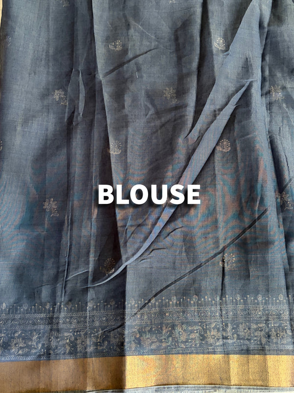 The Neelambari Riva: Slate Blue Embroidered Cotton Saree