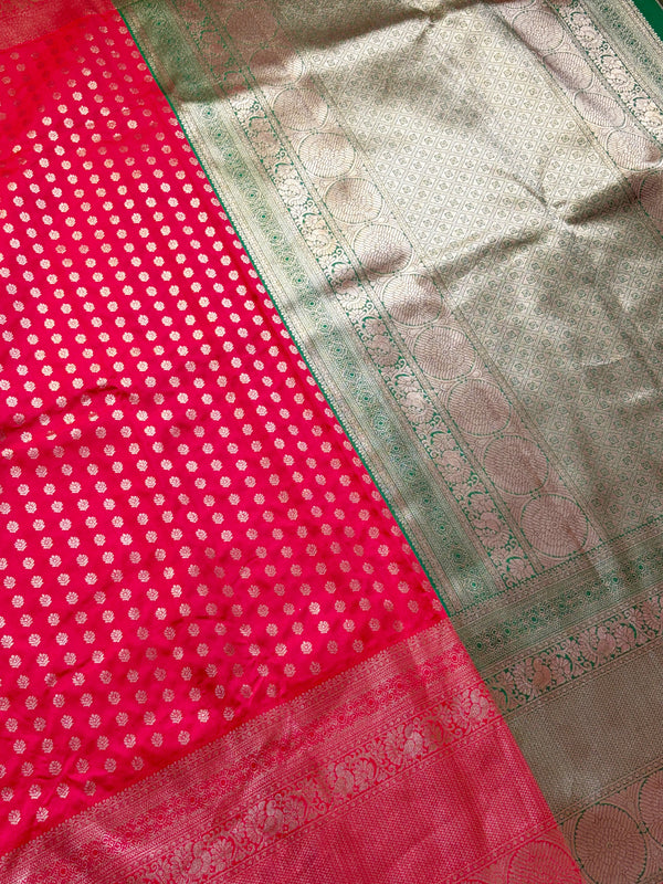 The Vermilion Shradha: Scarlet Red & Olive Green Traditional Woven Saree