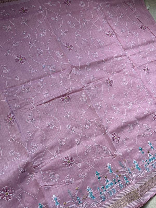 The Lilac Arbour: Pastel Mauve Cotton Saree with Delicate Chikankari-Inspired Embroidery