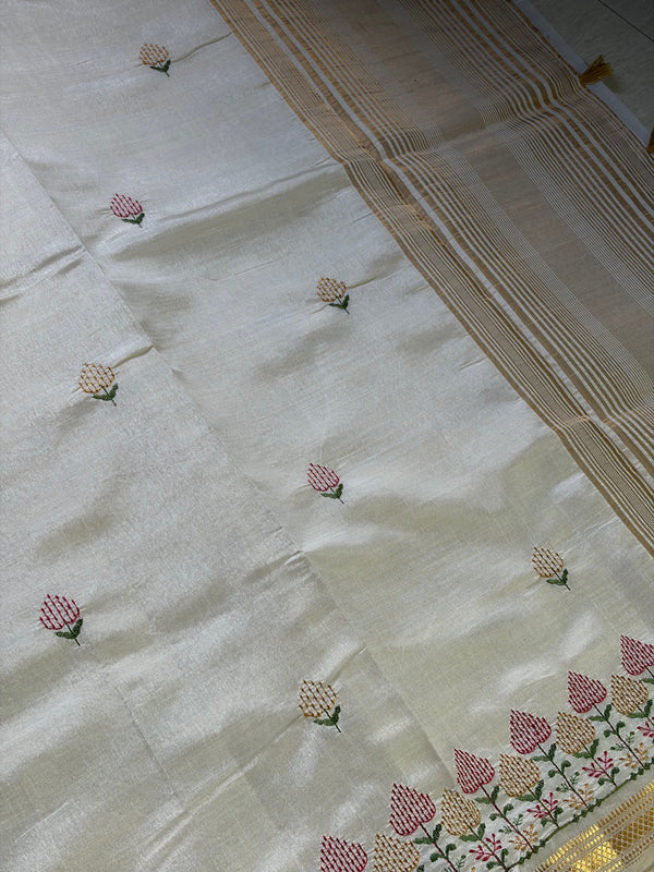 The Malabar Glade: Off-White Tussar Cotton Saree with Pastel Floral Border