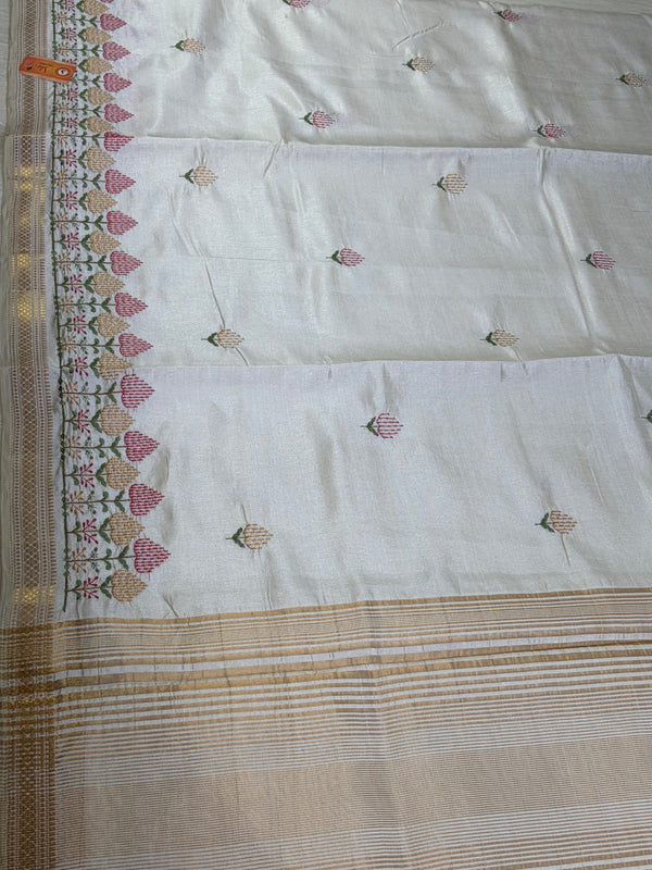 The Malabar Glade: Off-White Tussar Cotton Saree with Pastel Floral Border