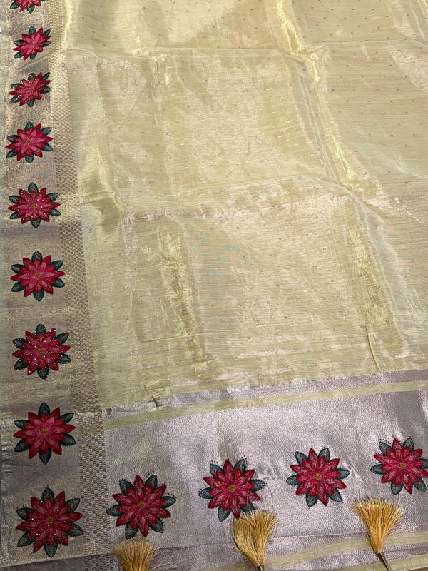 The Amber Glint: Golden Tissue Cotton Saree with Festive Crimson Starburst Border