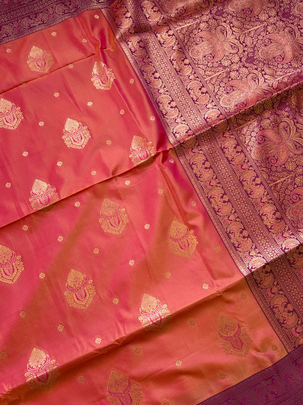 The Sanvi Vilasa: Sunset Peach-Orange & Wine Purple Soft Silk Saree