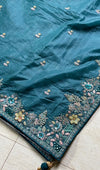 The Caspian Glade: Deep Teal Organza Saree with Detailed Floral Scallop Cutwork