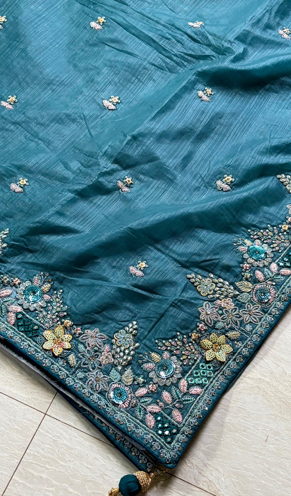 The Caspian Glade: Deep Teal Organza Saree with Detailed Floral Scallop Cutwork