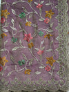 The Mauve Whisper: Dusty Lilac Saree with Pastel Floral Embroidery & Scalloped Cutwork Border