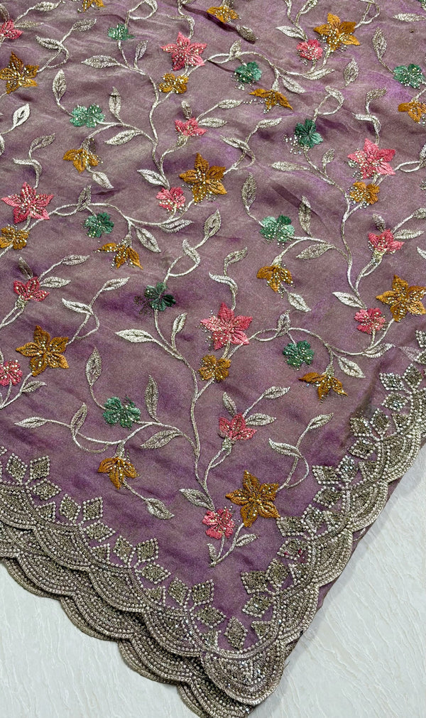 The Mauve Whisper: Dusty Lilac Saree with Pastel Floral Embroidery & Scalloped Cutwork Border