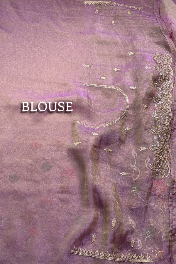 The Mauve Whisper: Dusty Lilac Saree with Pastel Floral Embroidery & Scalloped Cutwork Border