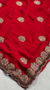 The Ruby Crown: Crimson Red Festive Saree with Scalloped Zardosi-Embroidered Border