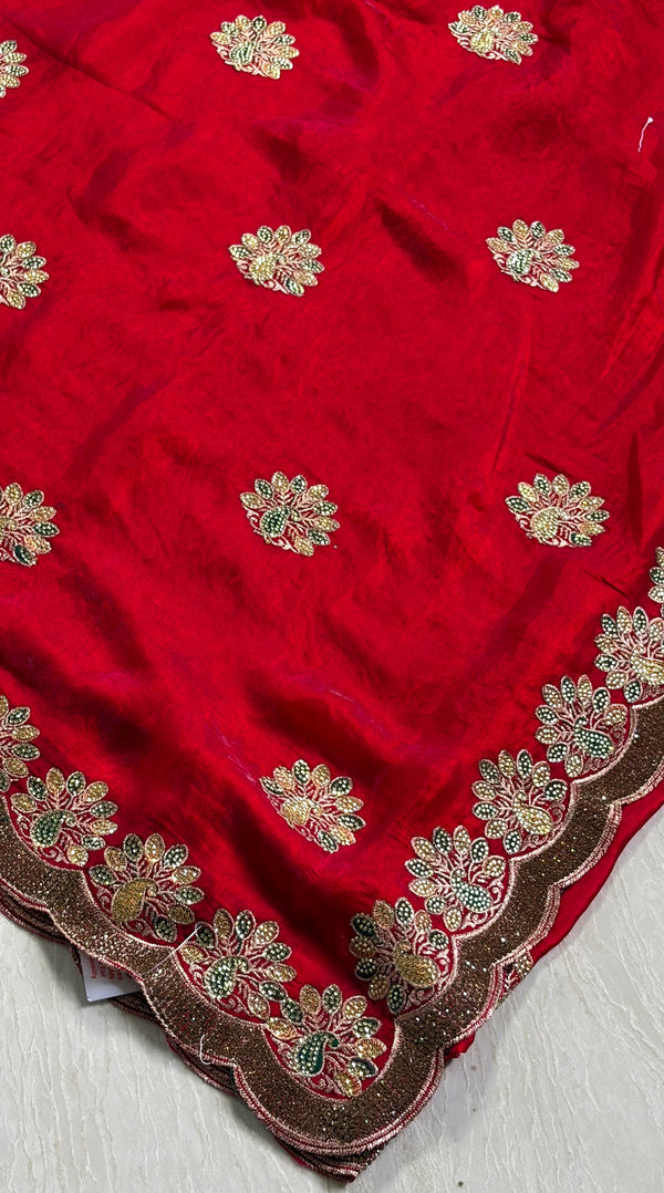 The Ruby Crown: Crimson Red Festive Saree with Scalloped Zardosi-Embroidered Border