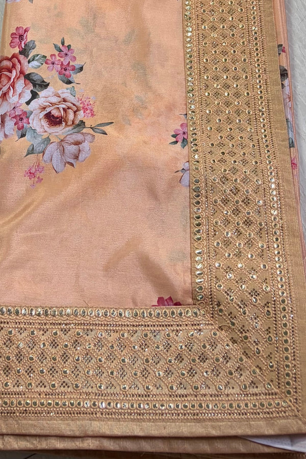 The Apricot Bloom: Pastel Peach Floral Saree with Shimmering Mirror-Work Border