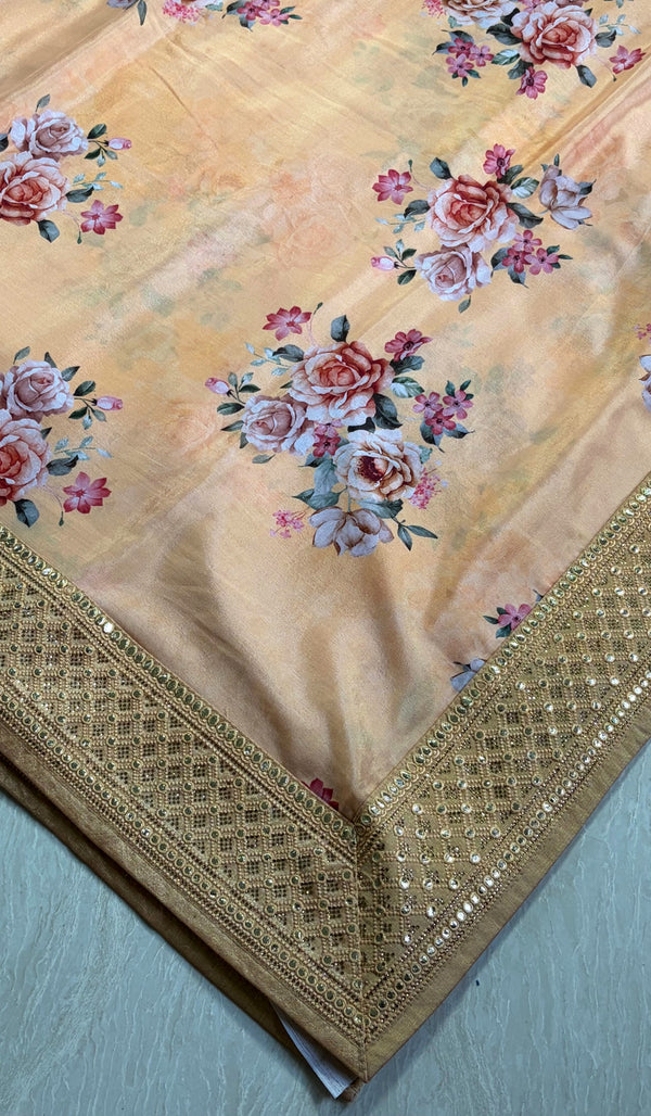 The Apricot Bloom: Pastel Peach Floral Saree with Shimmering Mirror-Work Border