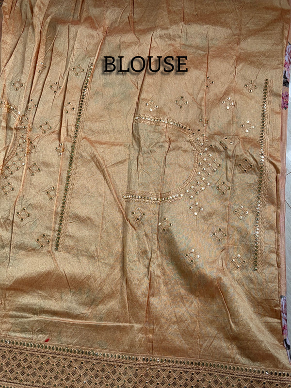 The Apricot Bloom: Pastel Peach Floral Saree with Shimmering Mirror-Work Border