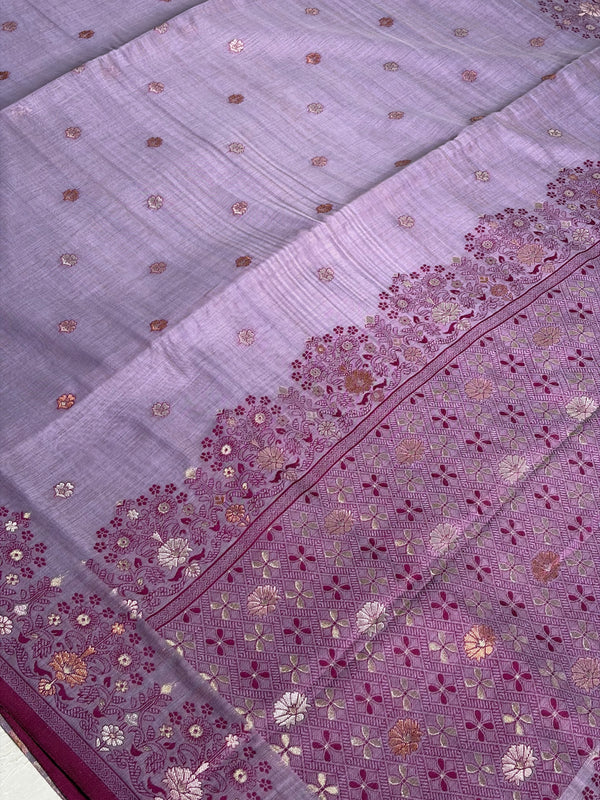 The Lavender Lattice: Dusty Mauve-Lavender Linen Saree with Ornate Weaved Borders