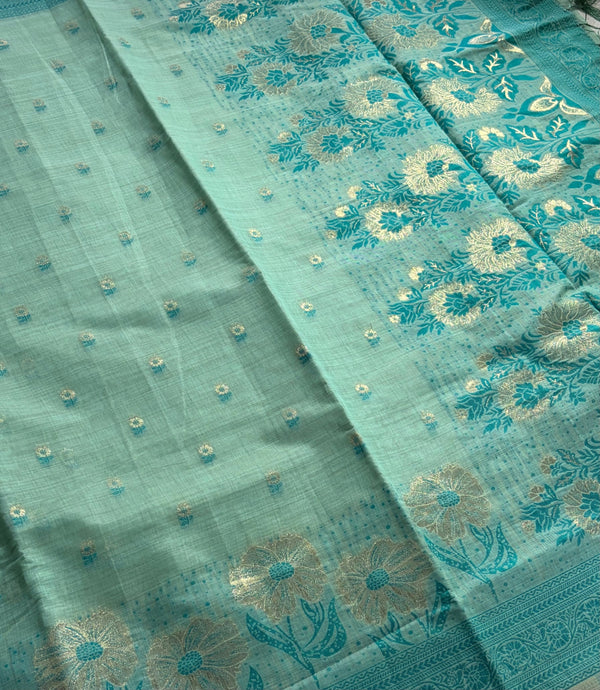 The Mint Meadow: Mint Green Linen Saree with Turquoise Floral Borders