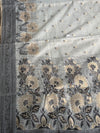 The Sage Horizon: Olive-Grey Tussar Silk Saree with Charcoal Floral Borders