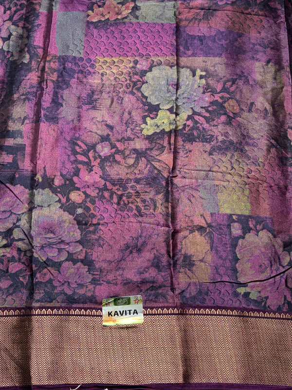 The Avantika Riva: Aubergine Purple Floral Chiffon-Kota Saree with Gold Zari Border