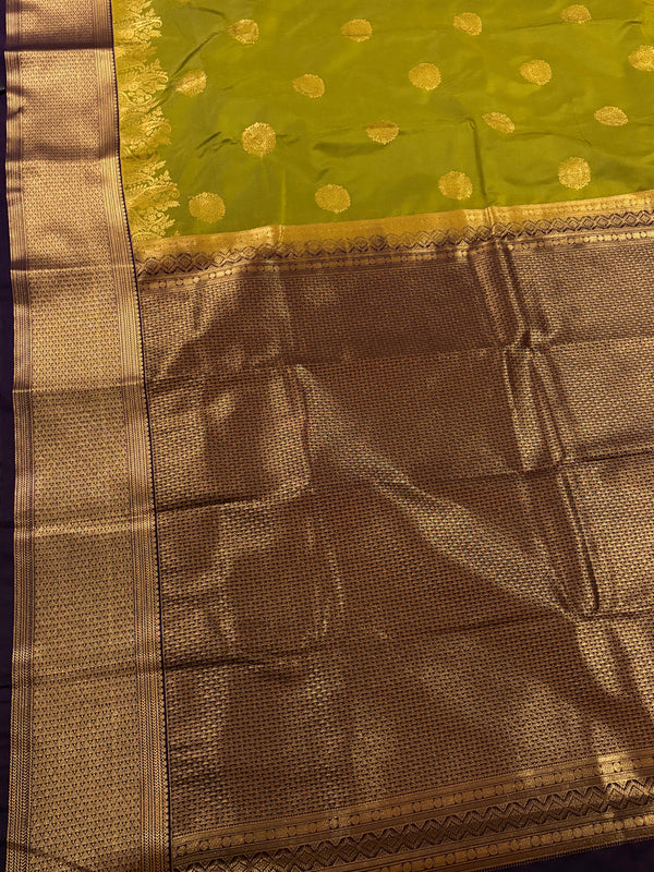 The Madhavi Vilasa: Chartreuse Olive & Royal Purple Kanchipuram Silk Saree