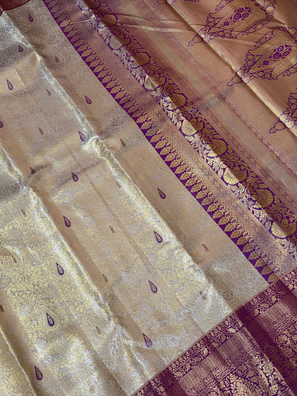 The Subhadra Vilasa: Champagne Silver & Magenta Plum Kanchipuram Tissue Silk Saree