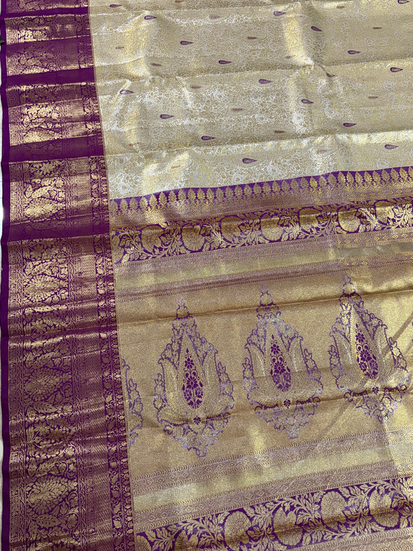 The Subhadra Vilasa: Champagne Silver & Magenta Plum Kanchipuram Tissue Silk Saree