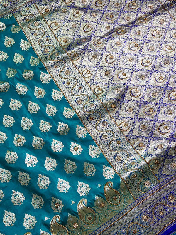 The Nilambari Vilasa: Peacock Teal & Royal Blue Banarasi Silk Saree