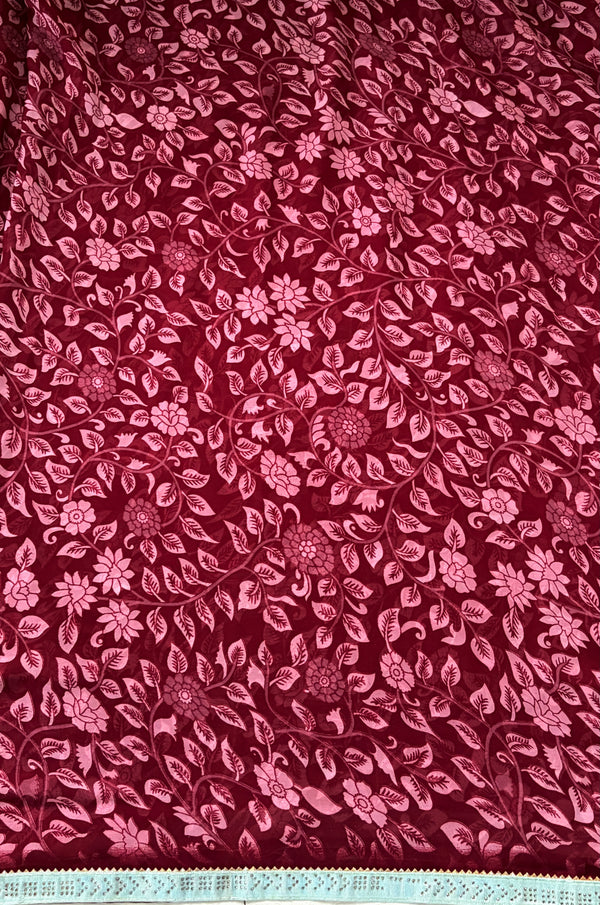 The Rohini Riva: Deep Maroon & Mint Lace Floral Printed Saree
