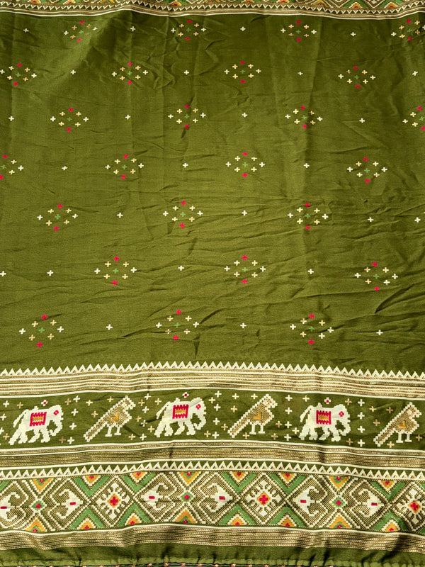 The Malvika Vilasa: Olive Green Bandhani & Patola Motif Saree