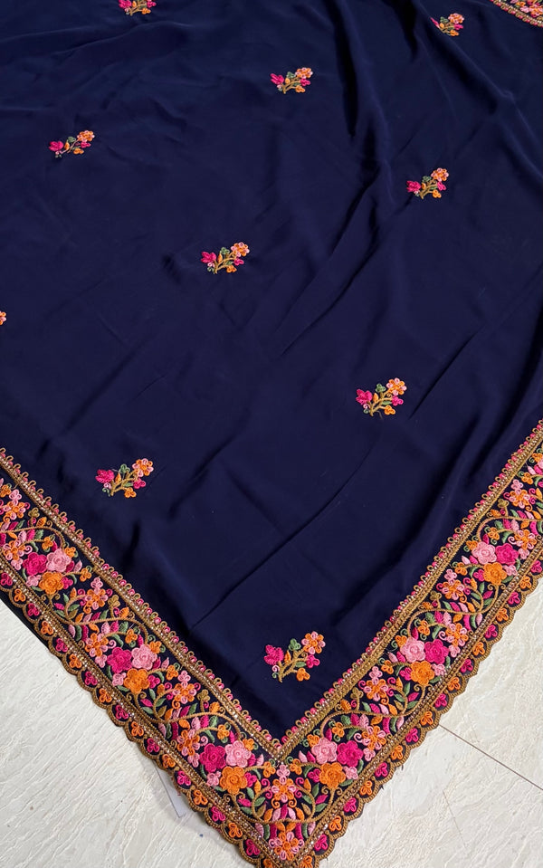 The Midnight Marigold: Navy Blue Georgette Saree with Ornate Floral Border