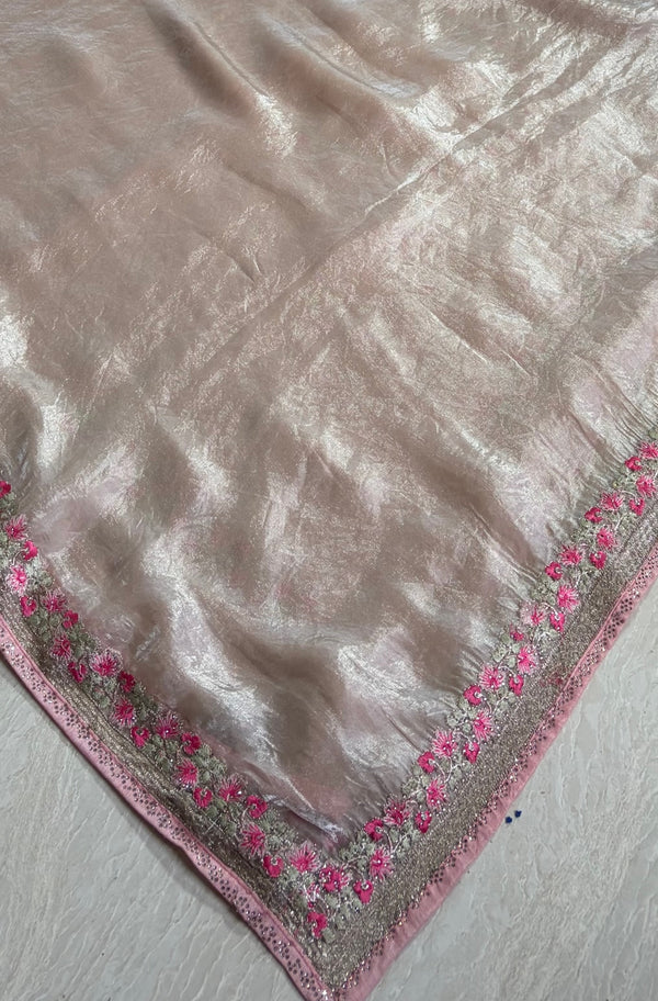 The Champagne Blush: Metallic Champagne Organza Saree with Pink Floral Border