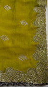 The Olive Oasis: Olive-Chartreuse Georgette Saree with Scalloped Zardosi Border