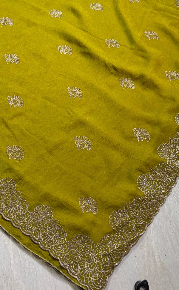 The Olive Oasis: Olive-Chartreuse Georgette Saree with Scalloped Zardosi Border
