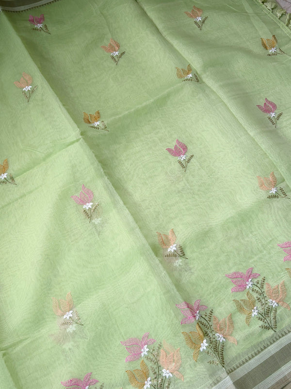 The Vasundhara Riva: Lime Green Floral Embroidered Cotton Saree