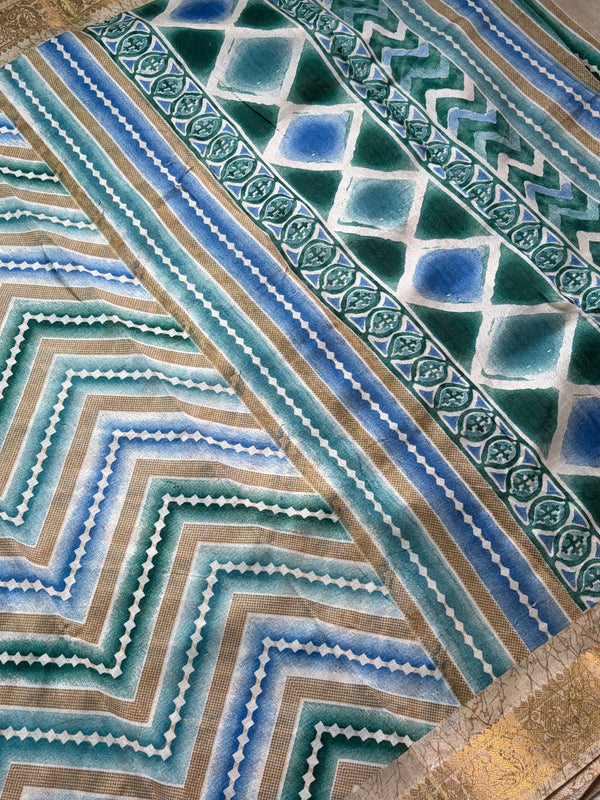 The Tarini Vilasa: Teal & Beige Chevron Printed Tussar Cotton Silk Saree