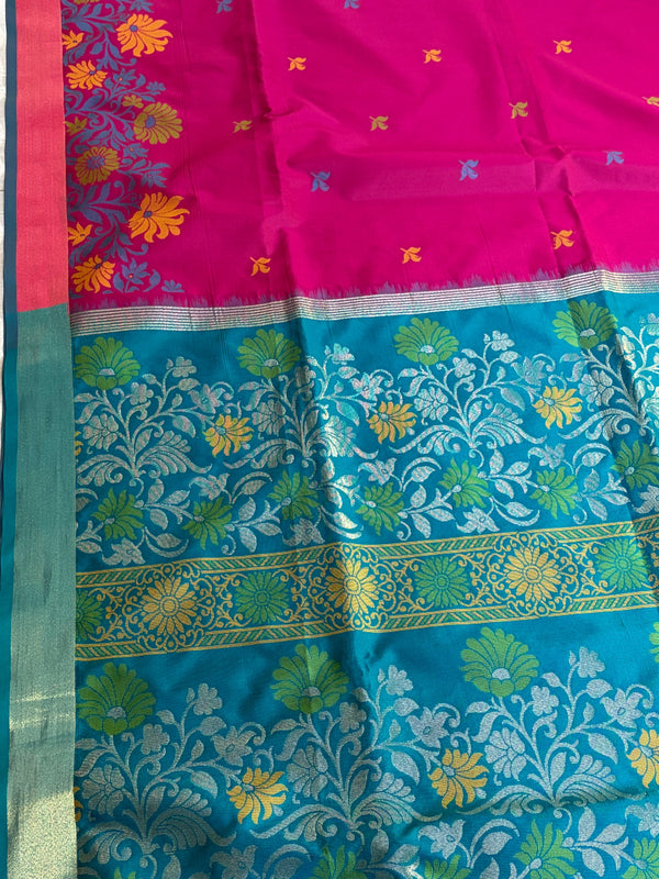The Magenta Meadow: Rich Magenta Silk Saree with Turquoise & Marigold Accents