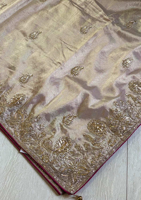 The Gilded Ivory: Champagne Gold Silk Saree with Ornate Zardosi Border