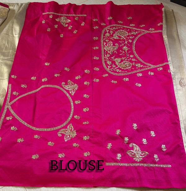 The Gilded Ivory: Champagne Gold Silk Saree with Ornate Zardosi Border