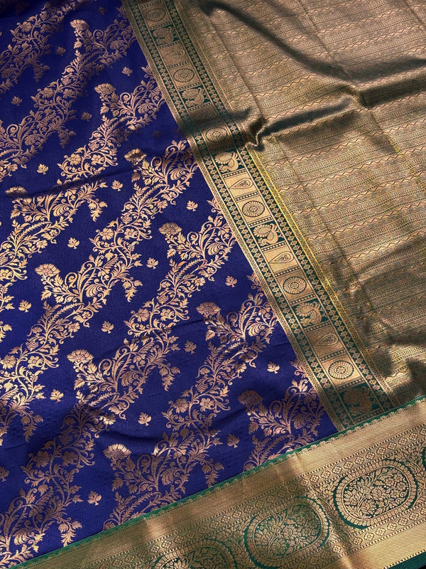 The Indigo Court: Royal Navy Silk Saree with Emerald Green & Gold Kanjivaram-Style Borders