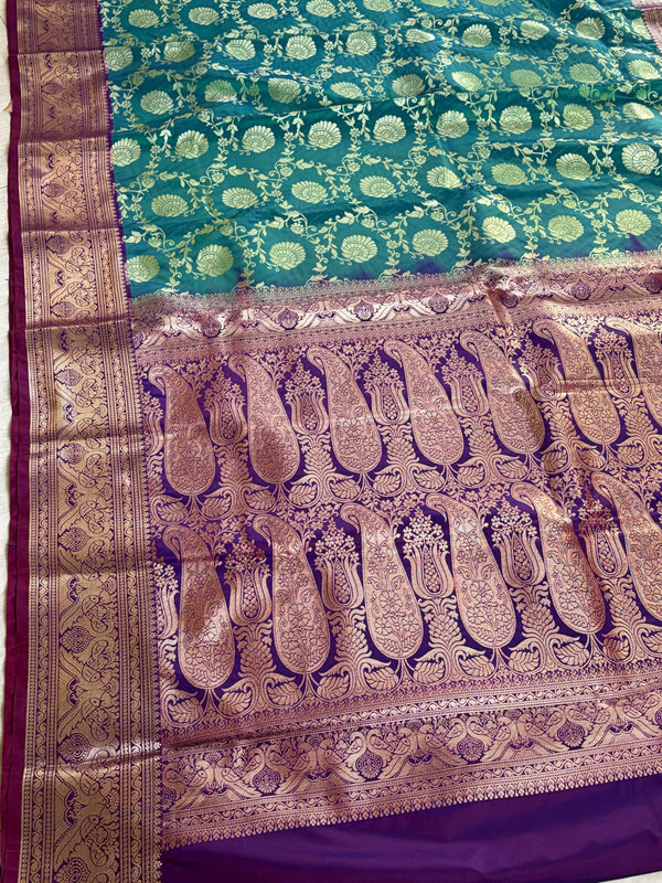 The Royal Medallion: Sea Green Silk Saree with Purple Borders