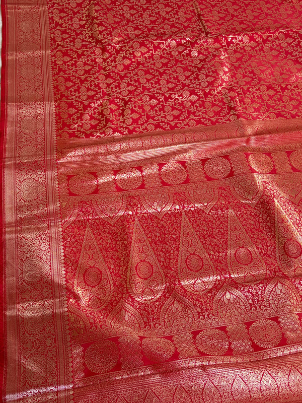The Royal Muhurtham: Vermillion Red Silk Saree with Allover Zari Jaal
