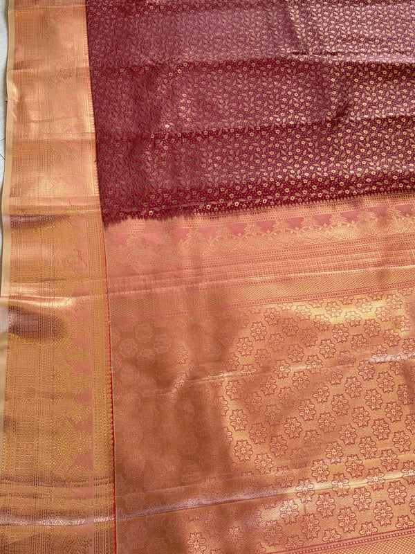The Bronze Court: Deep Coffee Brown Silk Saree with Gold Brocade