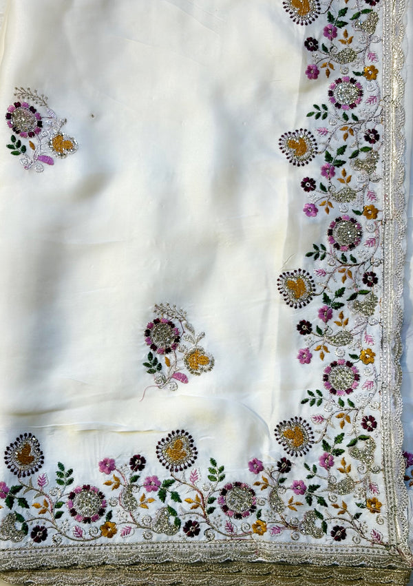 The Alankrita Riva: Pearl Ivory Georgette Saree with Embroidered Scallop Border